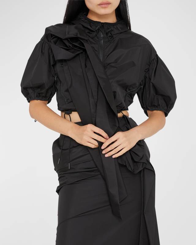 Pressed Rose-Applique Puff-Sleeve Crop Jacket